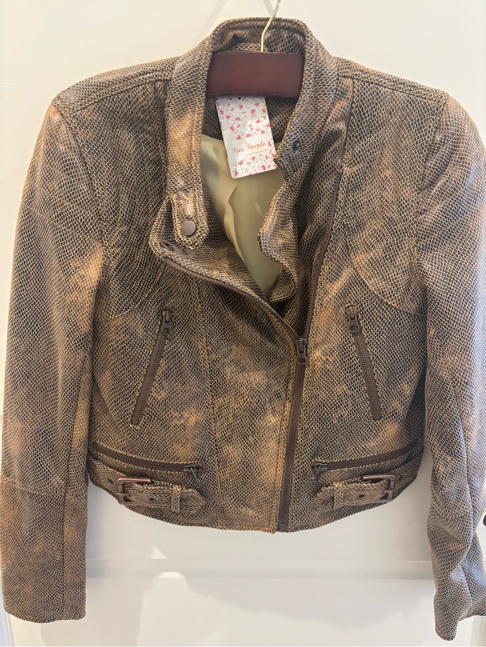 Free People Distressed Brown Faux-Snakeskin Moto Jacket